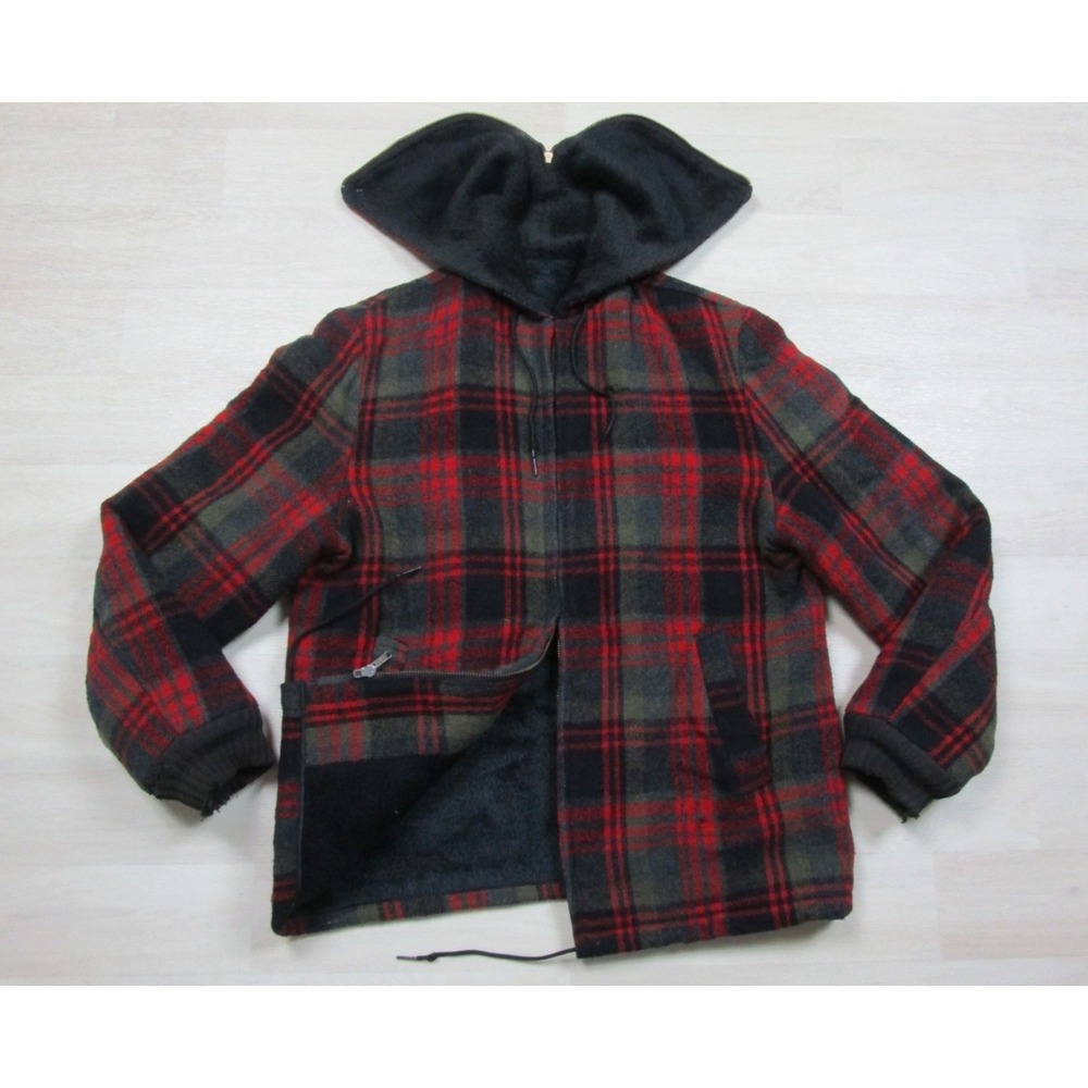 Vintage 70s Plaid Wool Hunting Jacket (S) Split Zip Hood Serval Zip Fleece Lined